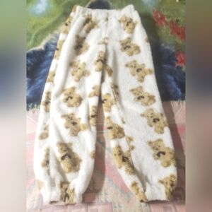 SHEIN White and Brown Teddy Bear Print Pants